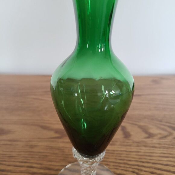 Vintage Hand Blown Glass Art Green Glass Vase With Clear Glass Twist Footed Base - Picture 8 of 12